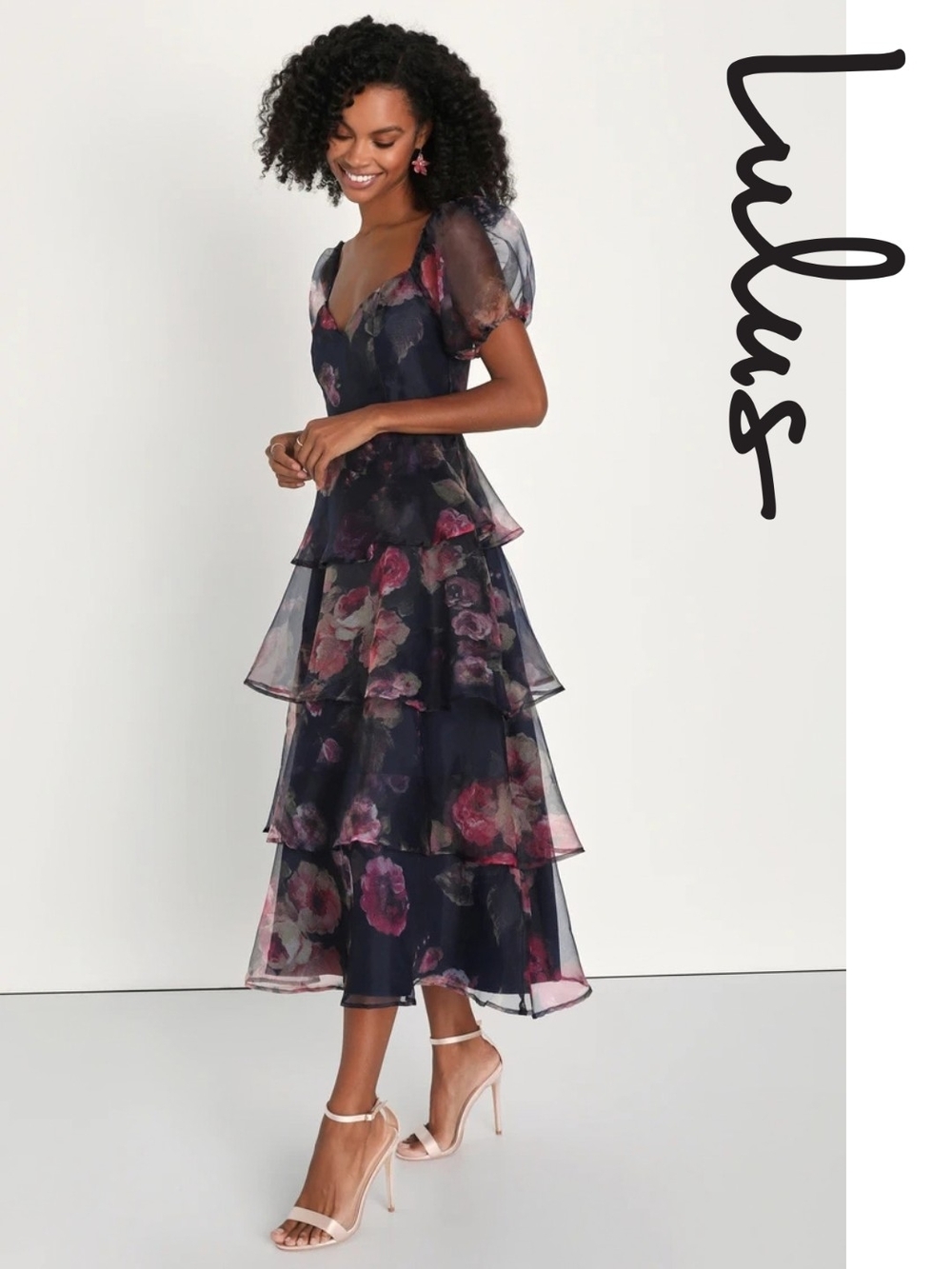 Lulu's - Oh-So Stunning Navy Blue Floral Organza Tiered Midi Dress - Size Medium